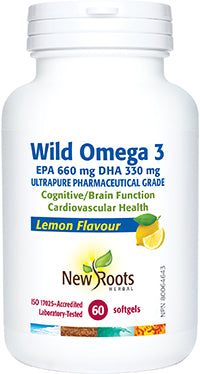New Roots Wild Omega 3, EPA 660mg, DHA 330mg, 60 softgels, Ultrapure Pharmaceutical Grade, Lemon Flavour