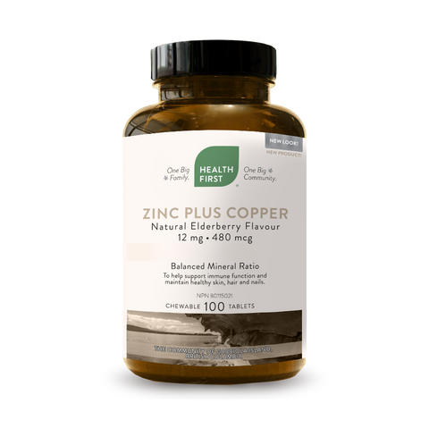 Health First Zinc Plus Copper, Natural Elderberry Flavour, 12mg/480mcg,  100 chewable tablets