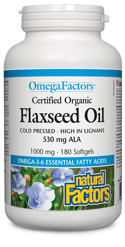 Natural Factors Flaxseed Oil Certified Organic 1000 mg, OmegaFactors, 180 Softgels