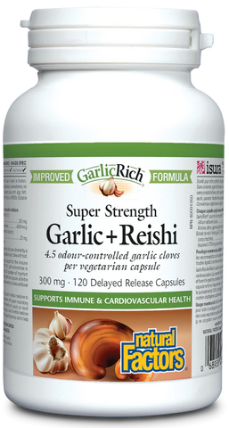 Natural Factors GarlicRich Garlic+Reishi Super Strength 300 mg, 120 Delayed Release Caps.